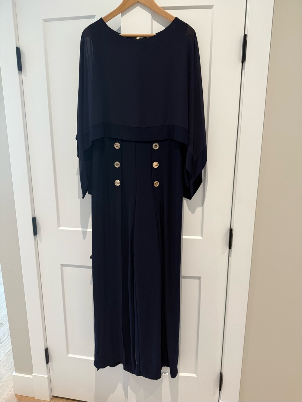 Joseph Ribkoff Navy Blue Cape Overlay Wide Leg Jumpsuit Size 14 Canada